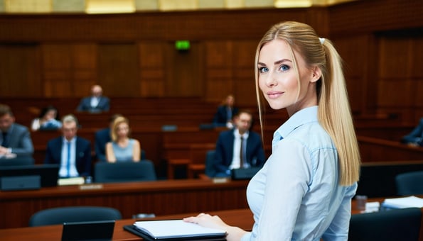 a white female digital forensics expert in court providing evidence to a jury-1